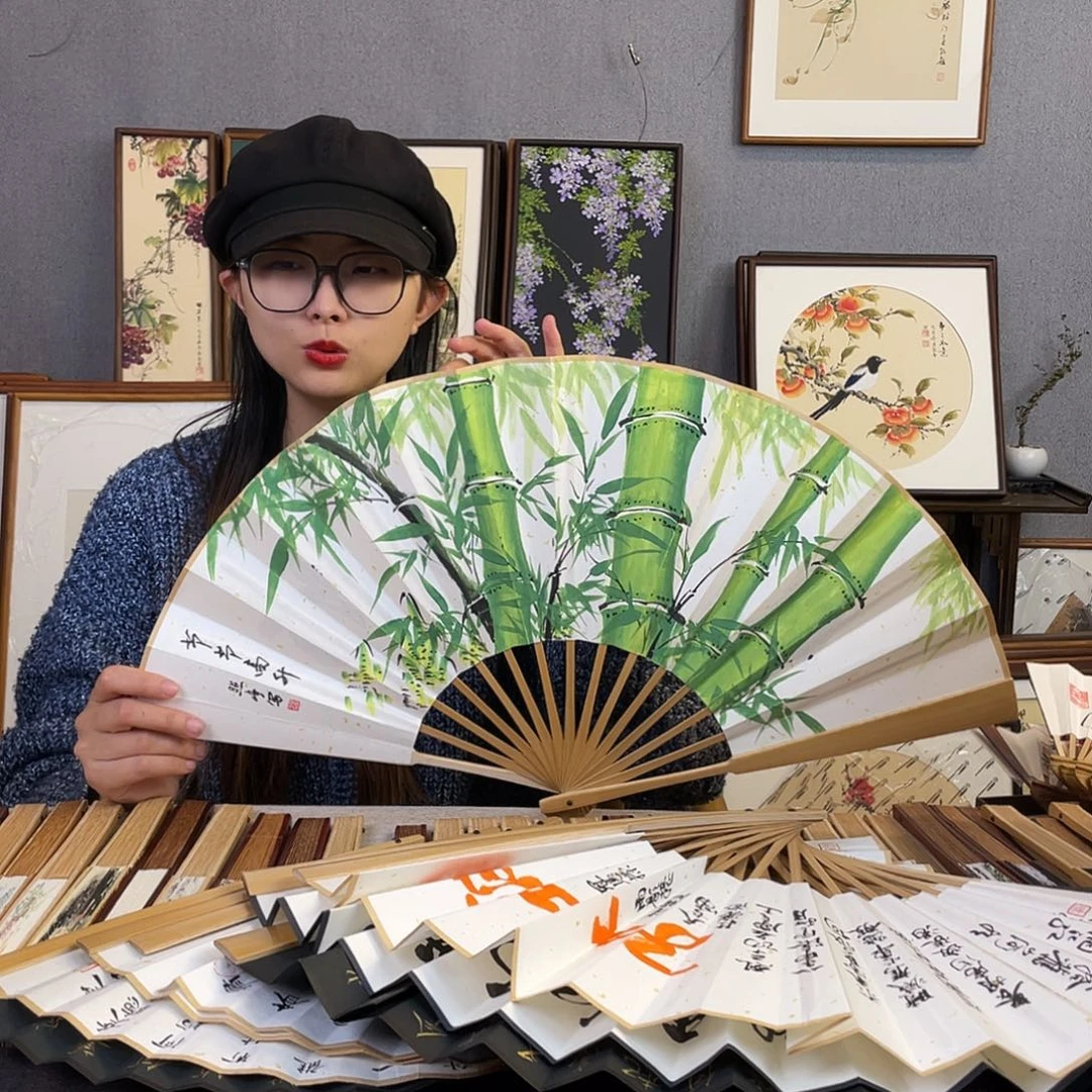 国画10寸玉竹-纯手绘-文玩扇骨（默认粘好）