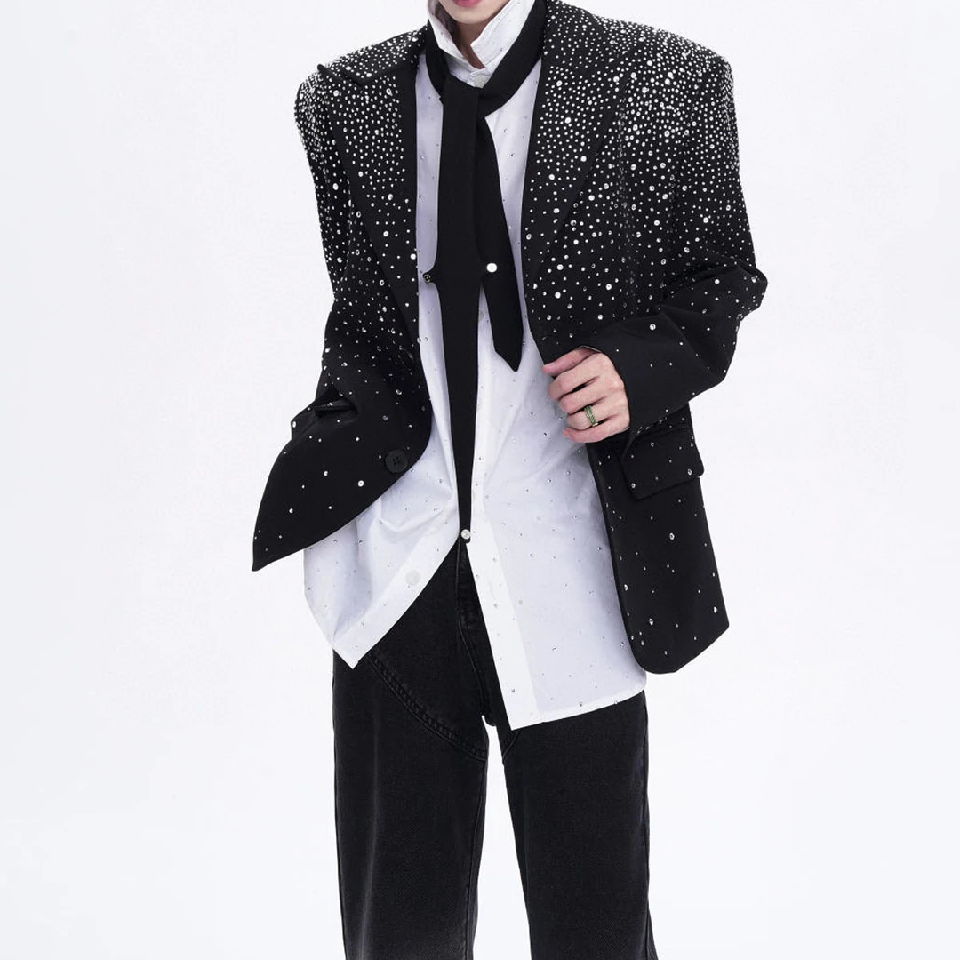 男女同款气质重工烫钻满天星黑色西服外套秋冬高级感炸街欧式西装