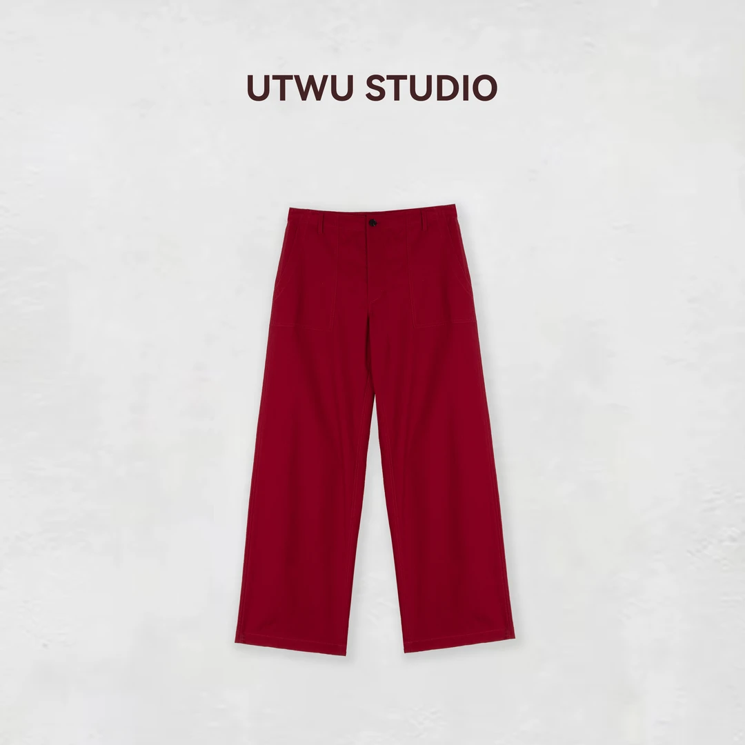 UTWU小敏「红牛」1oo定制棉高腰直筒廓形红色显瘦休闲裤S25K1011