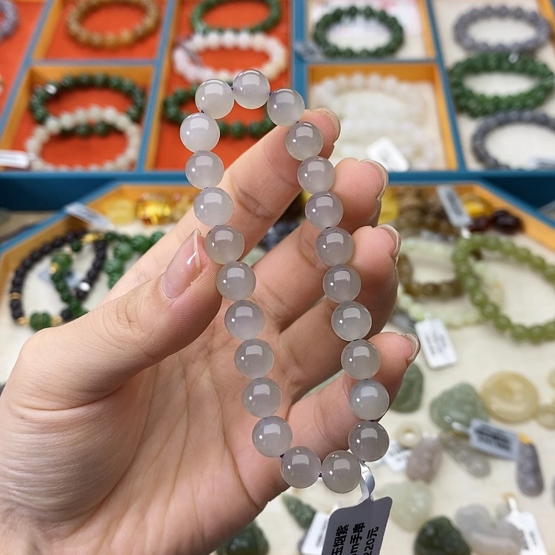 和田玉未镶嵌手链w28冰烟紫猫8mm