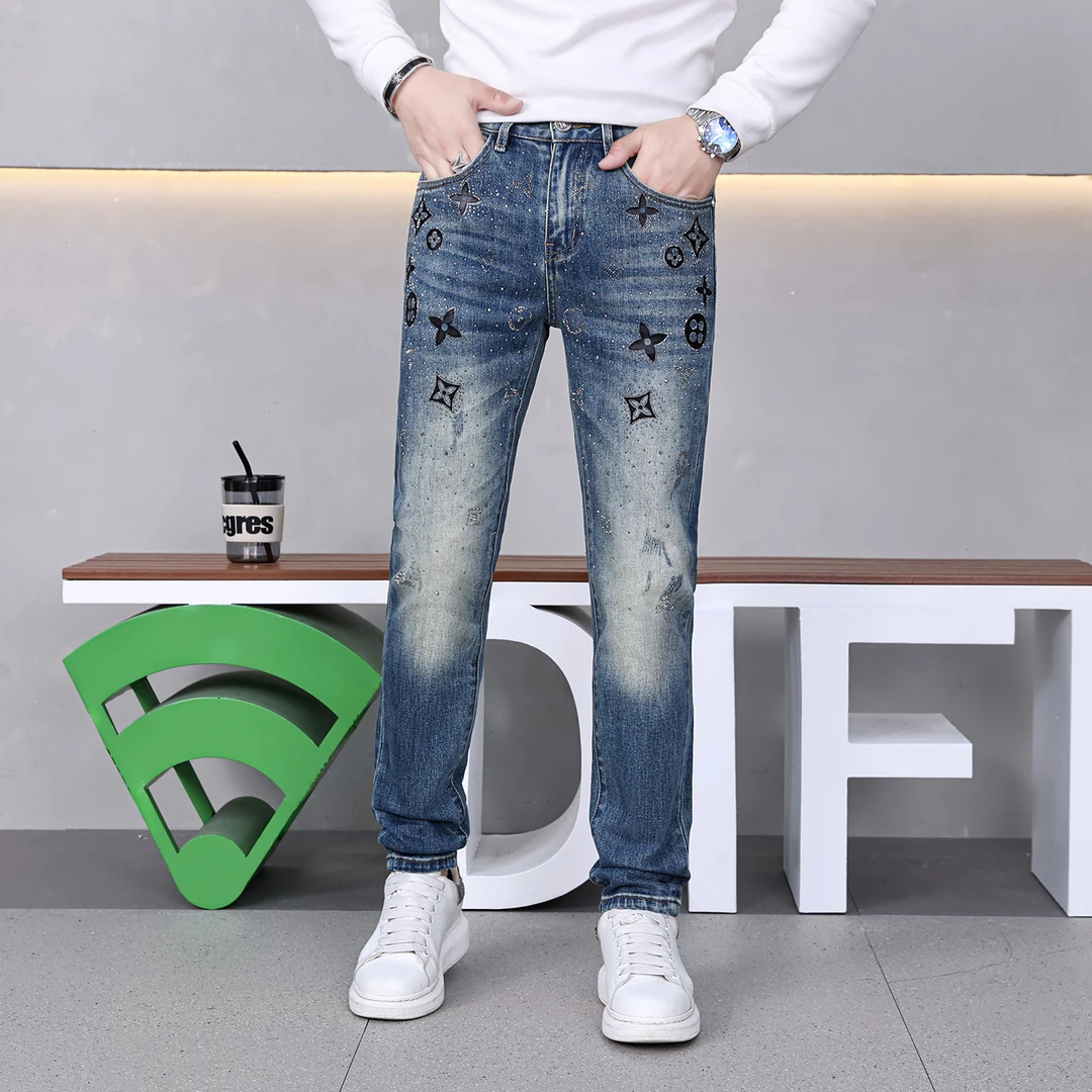 斯狄奈勒高端潮牌烫钻印花牛仔裤男款裤子秋冬季小脚修身男士裤子