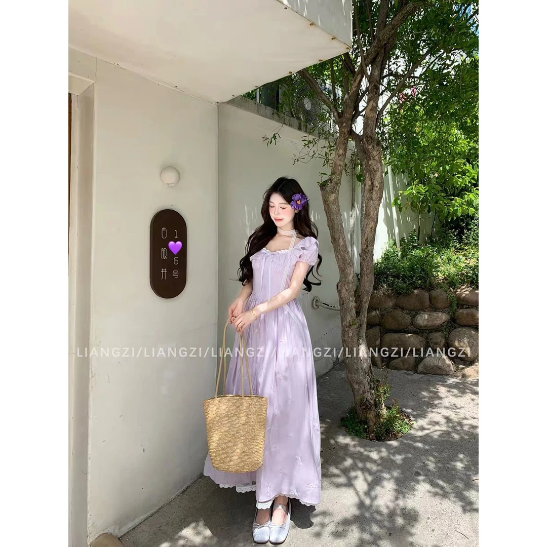 【花汀少女】夏季纯色方领刺绣长裙收腰显瘦连衣裙825113