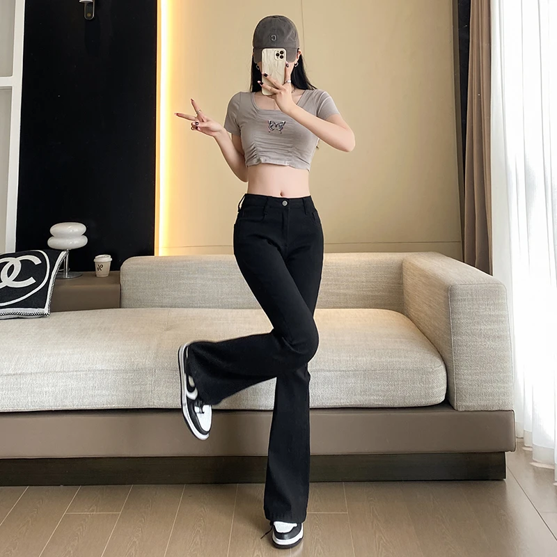 黑色微喇叭高腰牛仔裤女2025春节新款紧身弹力显瘦修身百搭拖地裤