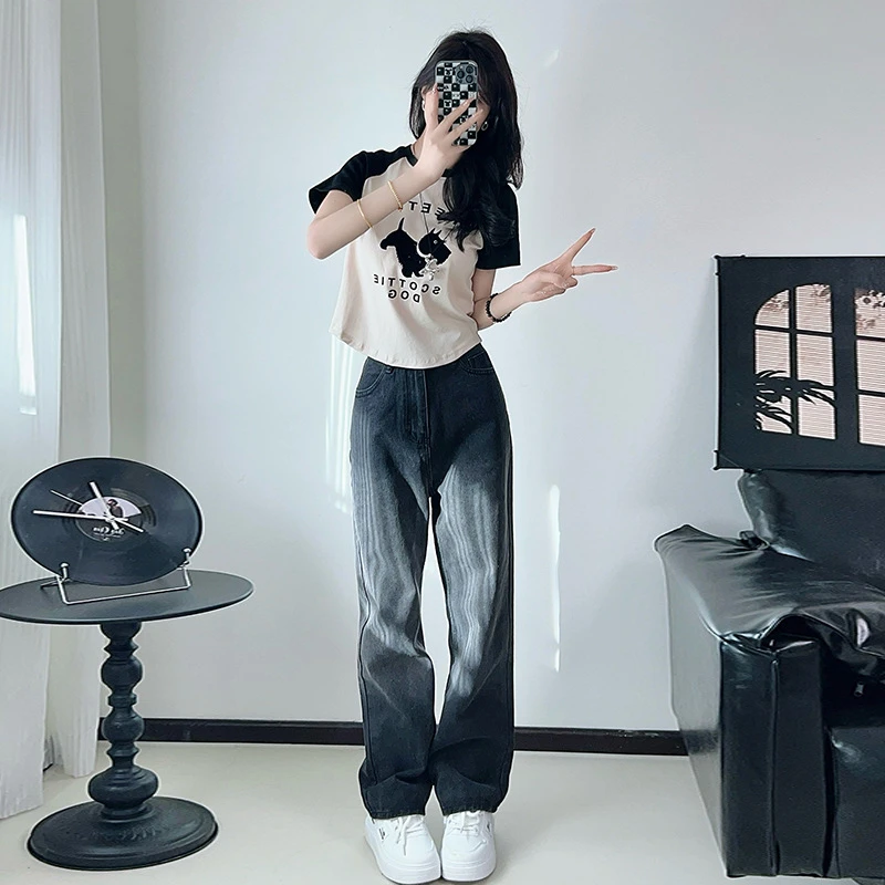 美式插肩短袖恤女2025新款爆款夏季时尚洋气套装复古高腰牛仔裤