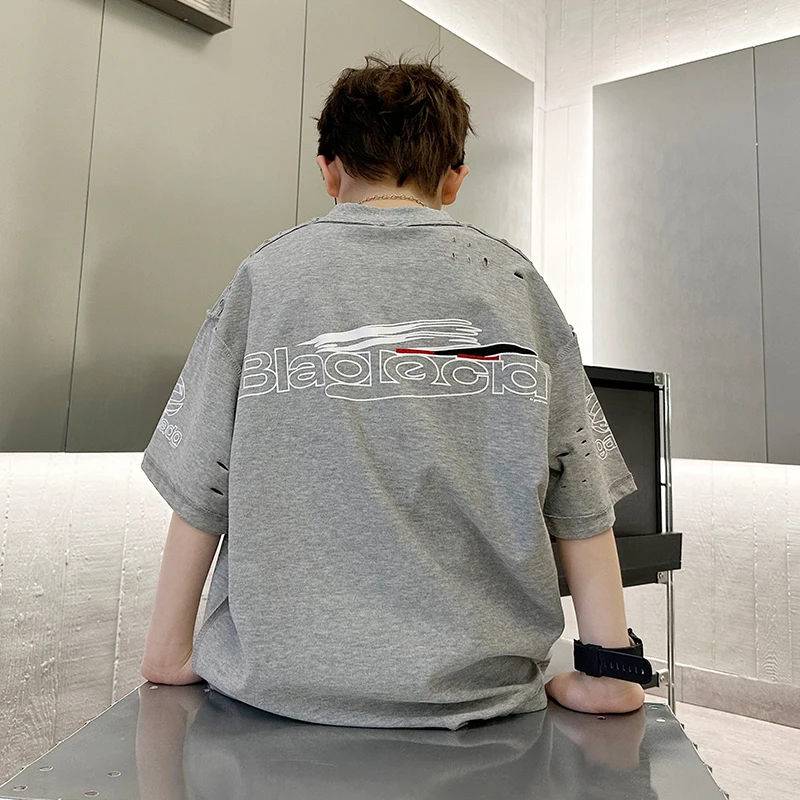 【实体品质】250克棉男童短袖T恤港风宽松韩版男孩破洞半袖夏季洋气