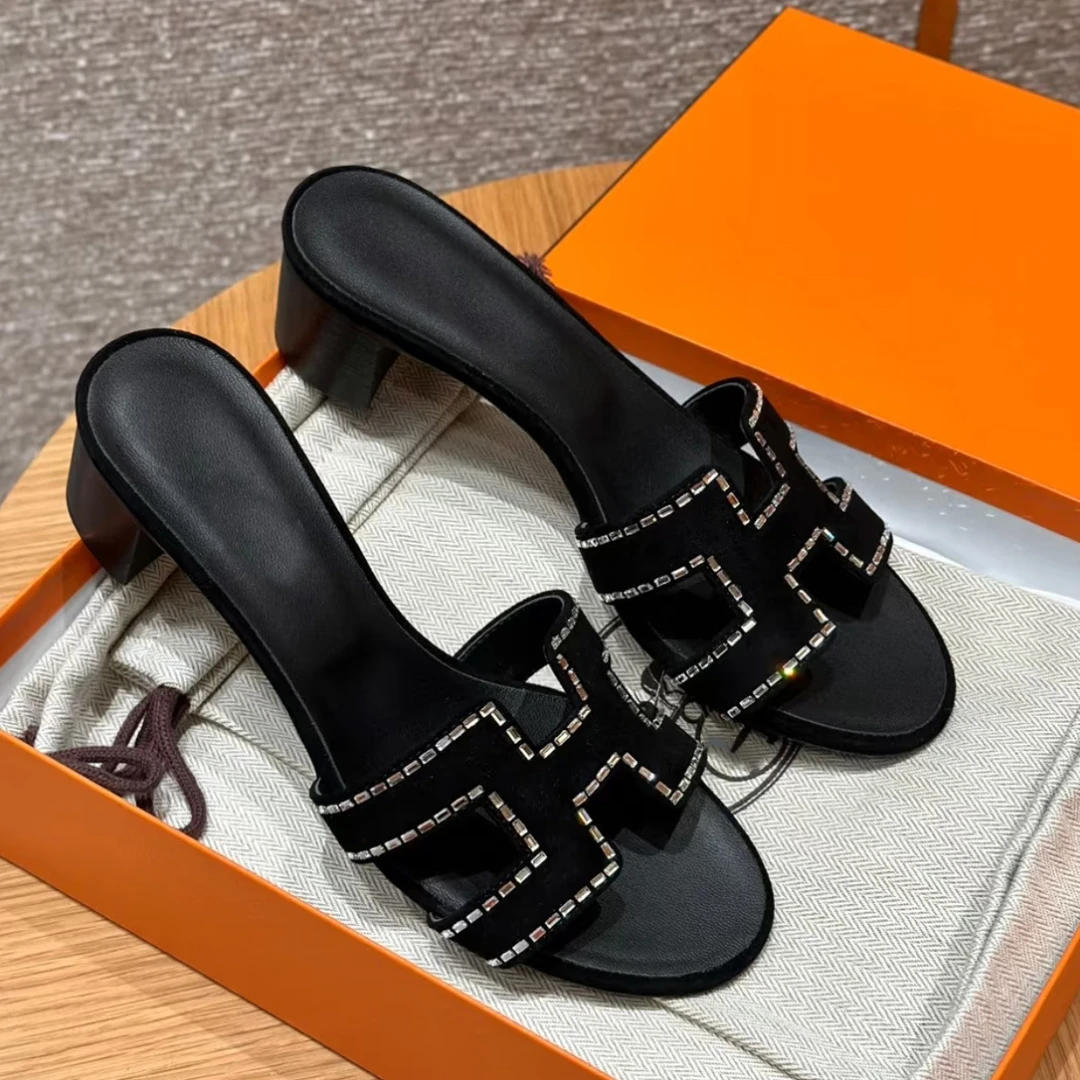 韩版经典水钻圆头一字H拖女名媛风时尚气质百搭粗跟后空凉拖外穿