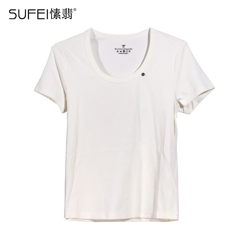 SUFEI/愫翡S51TX0033A短袖透气复古港风拼接T恤简约舒适纯色 0033