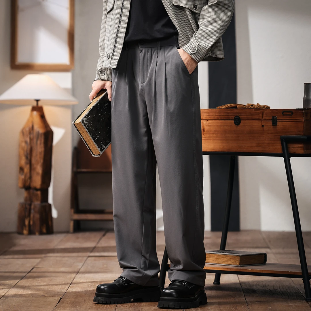 格蓝鹿冰丝凉感男士休闲裤夏季薄款潮牌宽松直筒褶皱设计速干裤男