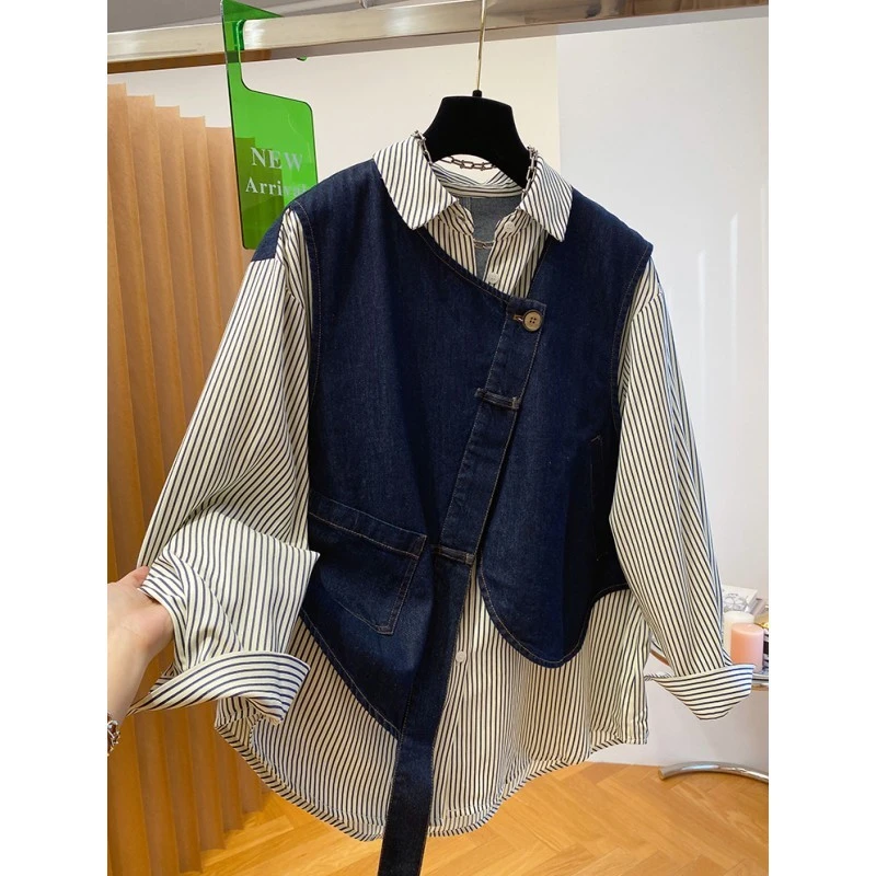 7728欧货牛仔拼接条纹衬衫女早春新款宽松高级设计感假两件上衣潮