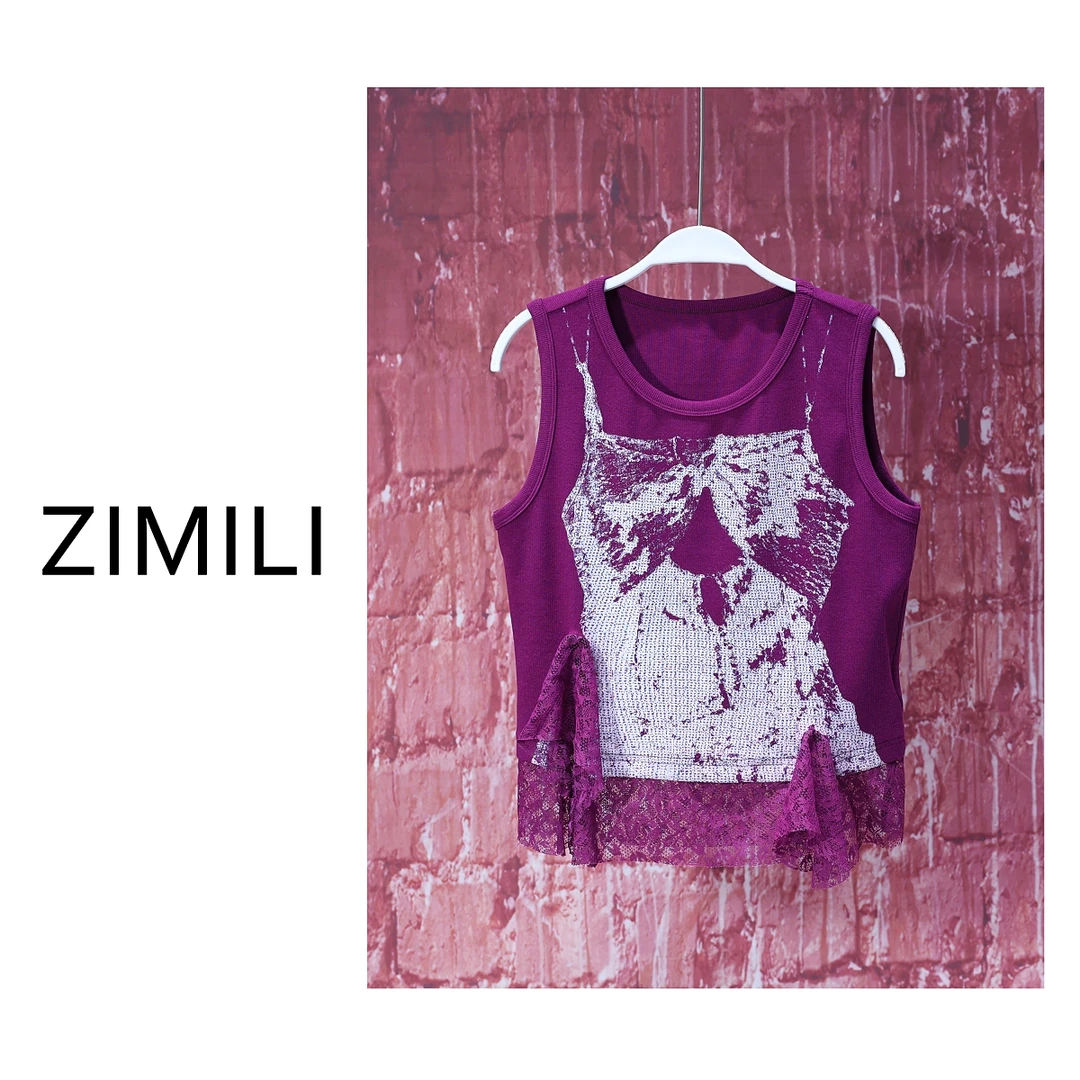 【亮哥女装】2025欧版设计师牵牛紫印花拼接蕾丝气质背心7581-B1