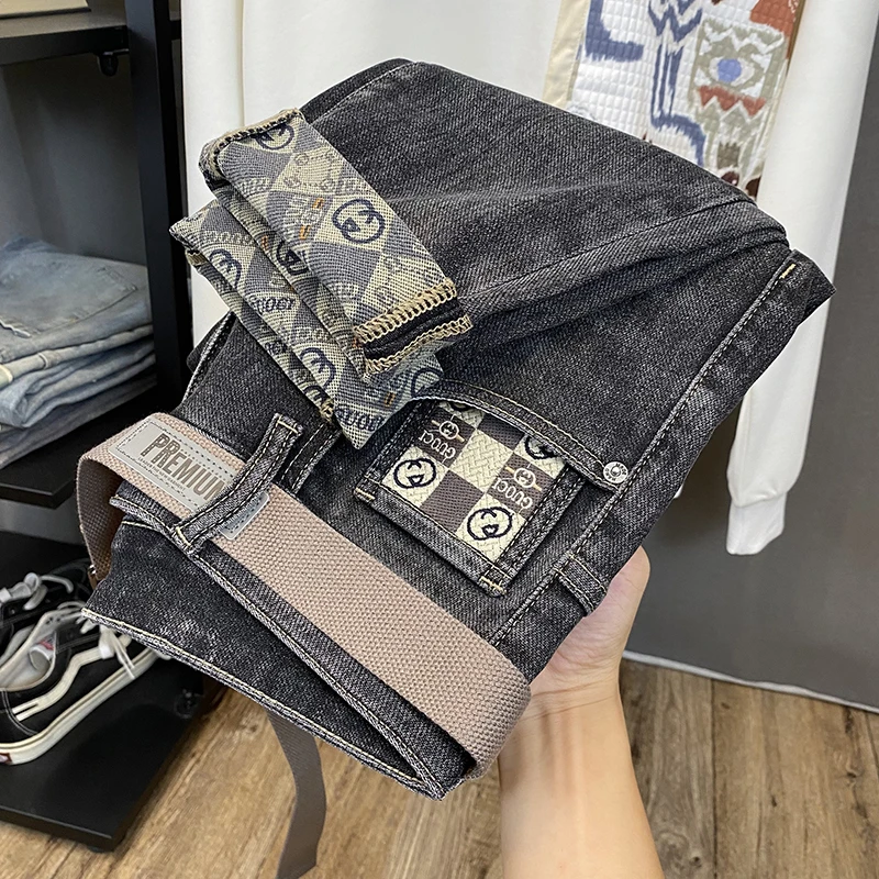 HAMOLENA微哈伦牛仔裤男夏薄款潮牌印花弹力修身小脚薄款九分裤