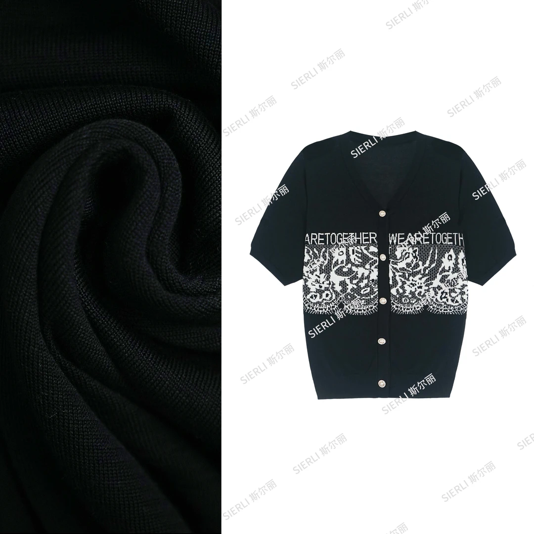 斯尔丽针织衫V领开衫短袖时尚上衣女宽松显瘦提花字母设计感D290