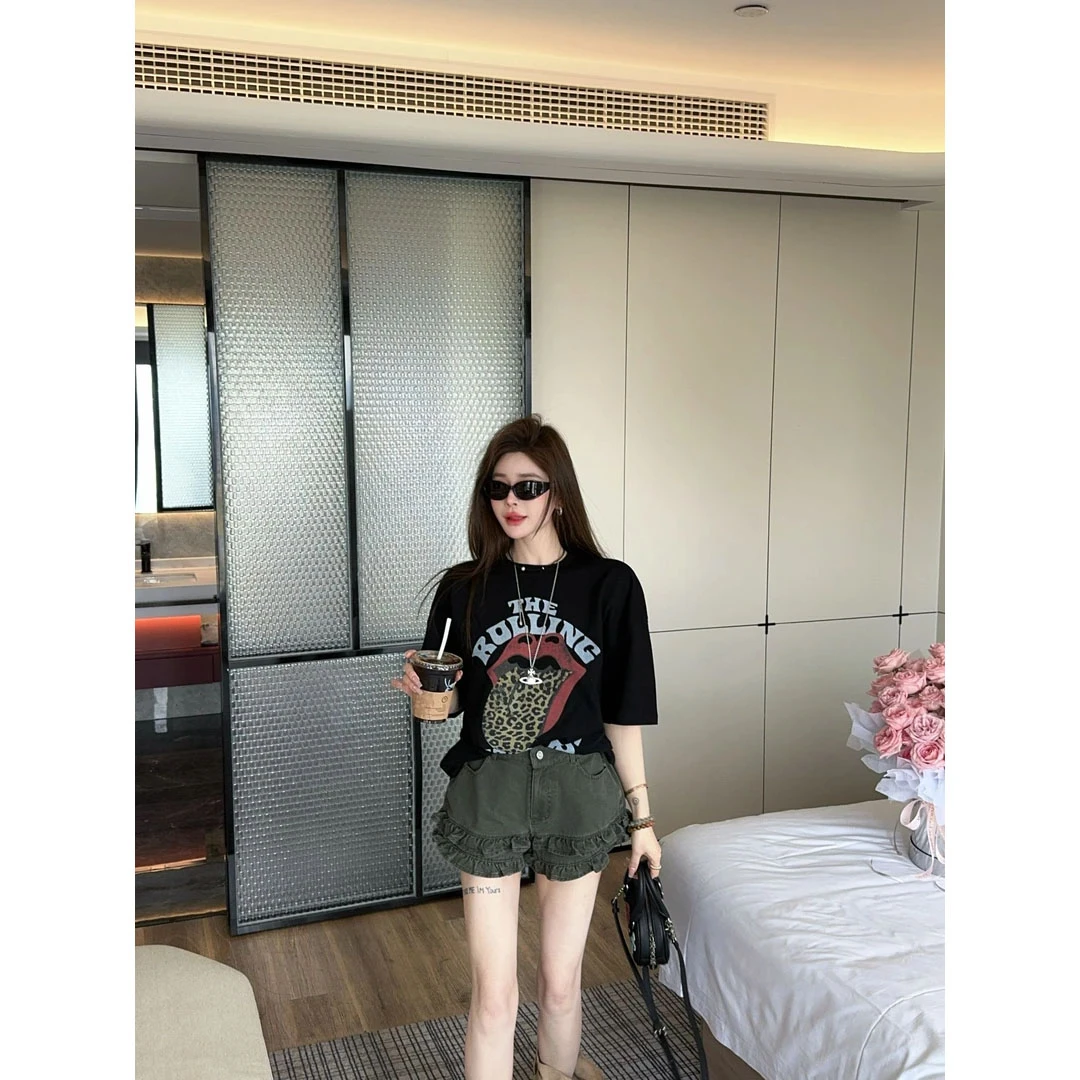 韩版印花宽松短袖T恤百搭牛仔短裤女2025夏季新款时尚洋气套装潮