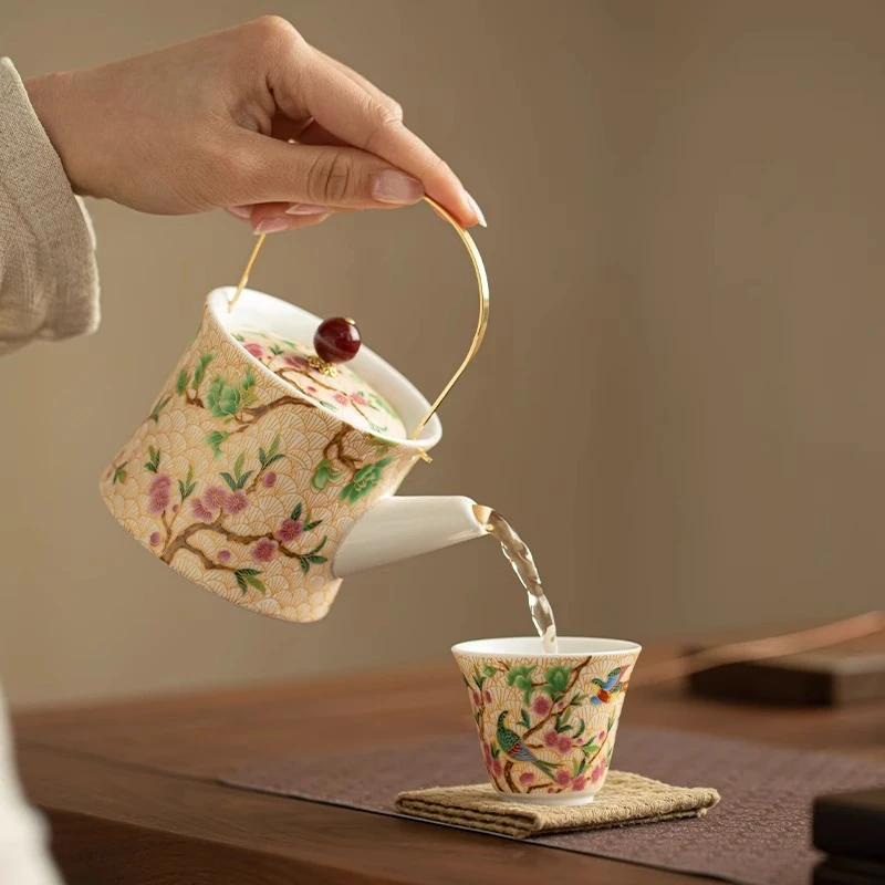 仿古珐琅彩喜上眉梢提梁壶家用陶瓷泡茶壶泡茶器高档中式功夫茶具