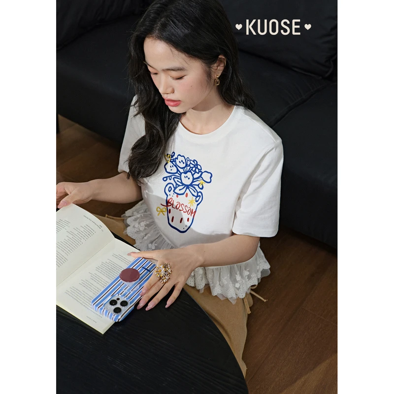 阔色蕾丝网纱花边拼接短袖T恤2025夏季新刺绣叠穿上衣KSD2504016