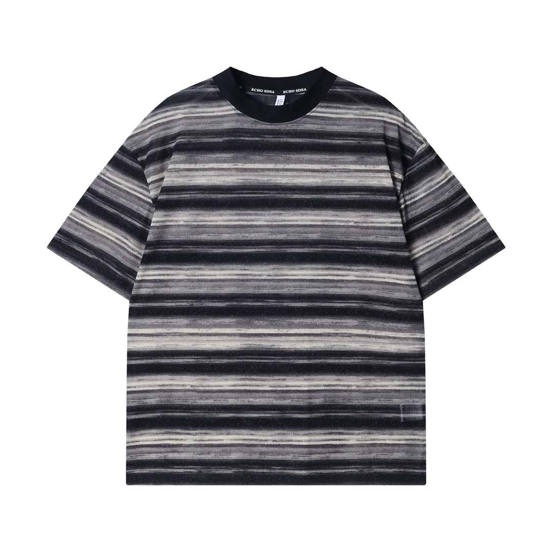 夏季新款时尚个性韩版条纹晕染细闪圆领长袖T恤百搭潮流韩系上衣