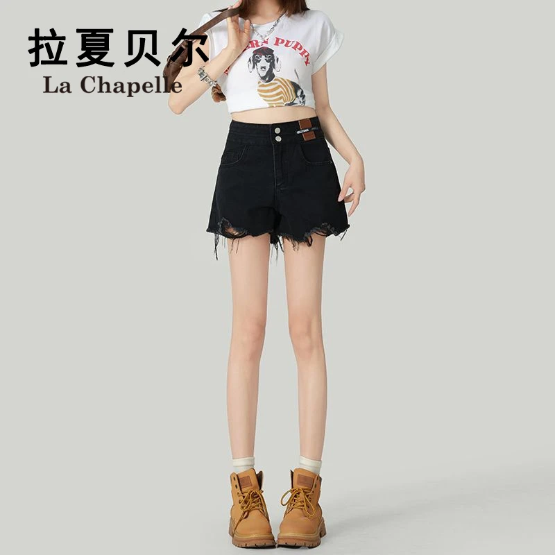 拉夏贝尔美式辣妹黑色短裤女2025新款高腰显瘦a字裤毛边牛仔短裤