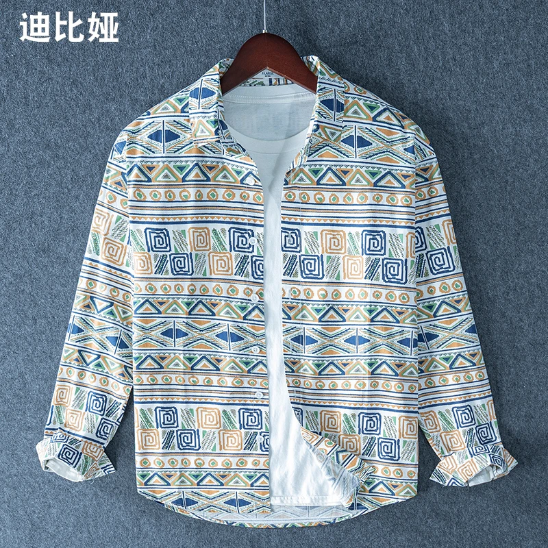 迪比娅秋季民族风氛围感满印印花全棉长袖衬衫男士复古衬衣寸衫潮