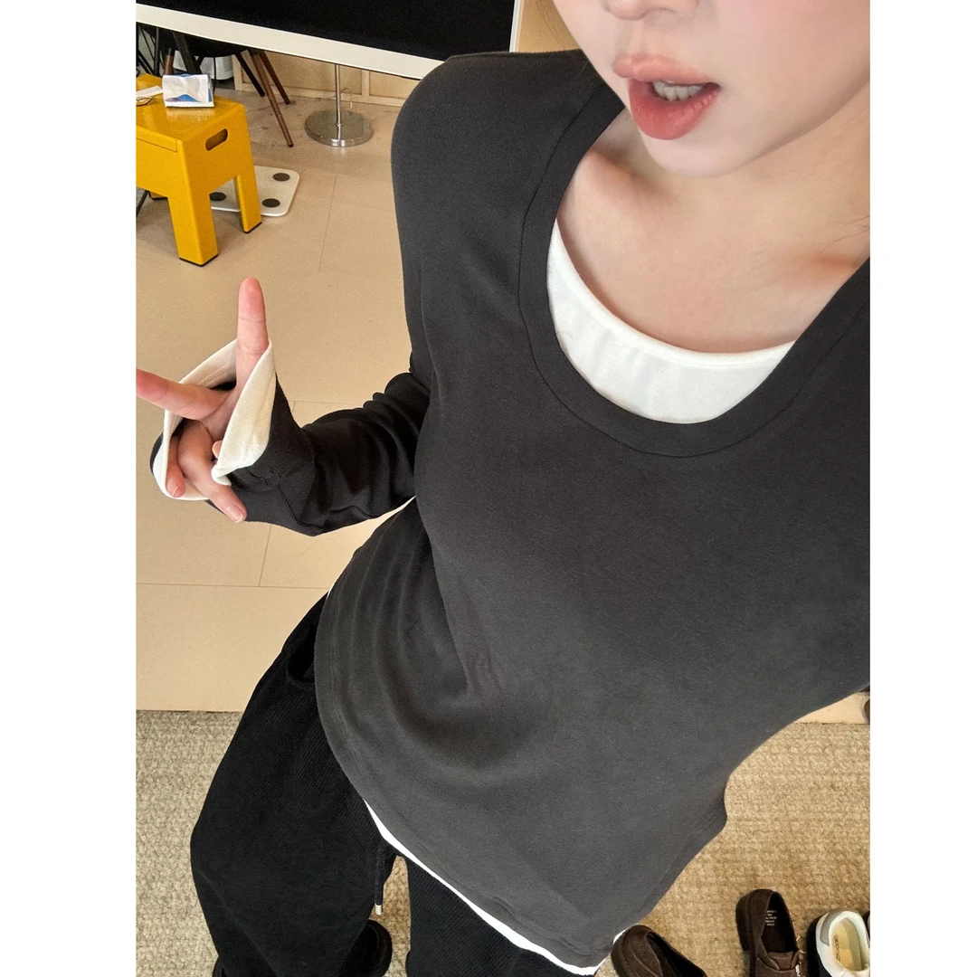 晶咕【完美融合剂】假两件拼接正肩修身下摆斜边侧开叉长袖上衣