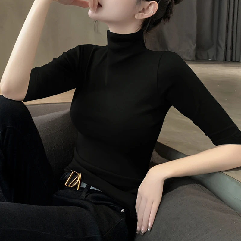 黑色中袖T恤五分袖早秋女士修身春秋季正肩百搭上衣洋气初秋t恤