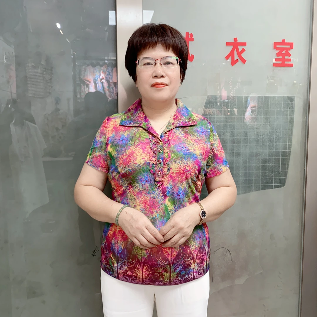 【花帝】时尚中年妈妈夏季印花短袖翻领弹力网纱洋气女装上衣