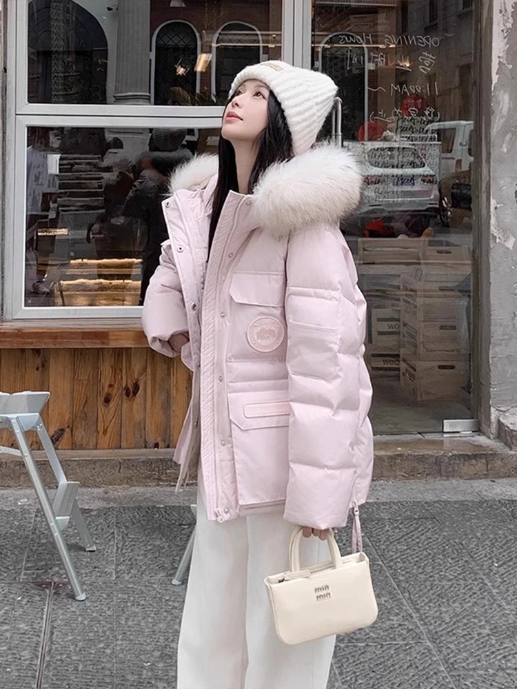 工装毛领派克服羽绒棉服女设计感小众2025冬季新款中长款加厚外套