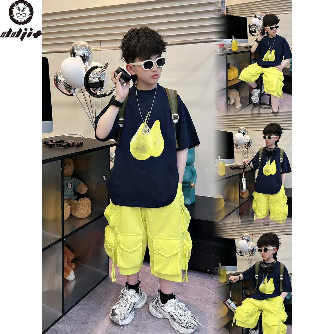 蛋蛋家【 梨子】夏款时尚街头男童黑色梨子短袖T恤