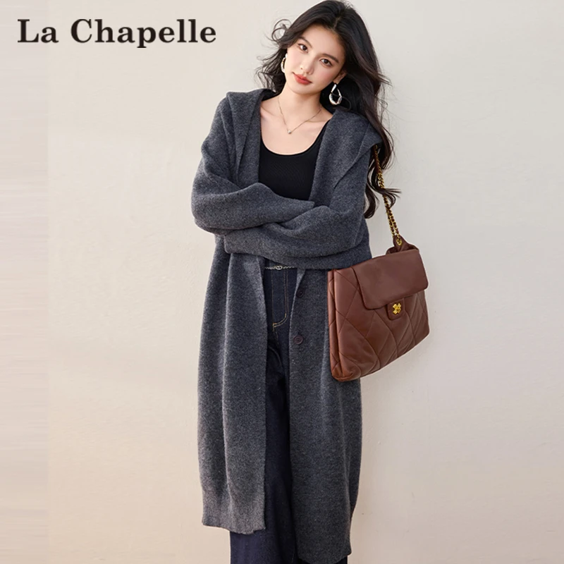 拉夏贝尔慵懒风连帽开衫针织外套女士秋冬长款高级感毛衣外搭宽松