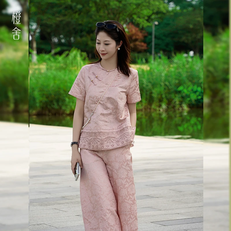 橙舍『卷珠箔』夏季气质国风新中式桑蚕丝复古短袖女上衣S01-15658