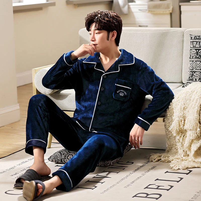 睡衣男款冬季男士珊瑚绒加绒加厚秋冬款法兰绒沉稳家居服套装冬天