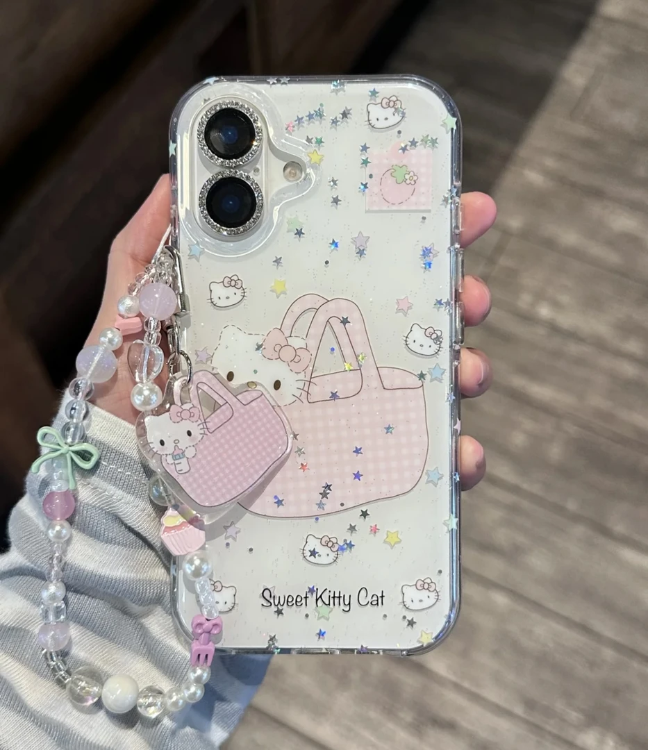 韩系闪粉可爱kt猫圆边全包手机壳适用iPhone16防摔15PM苹果15新款