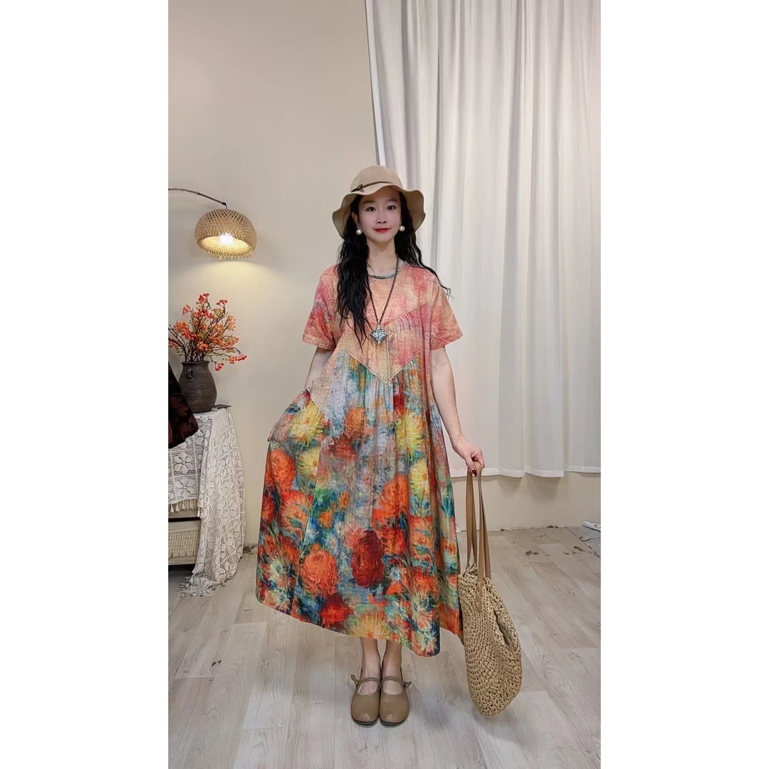 5023夏季新款清凉气质时尚复古遮肚宽松女显瘦百搭圆领休闲连衣裙