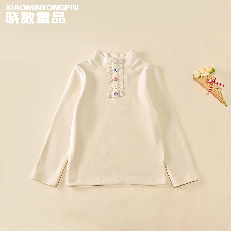 女童彩色扣花边T恤XM3201