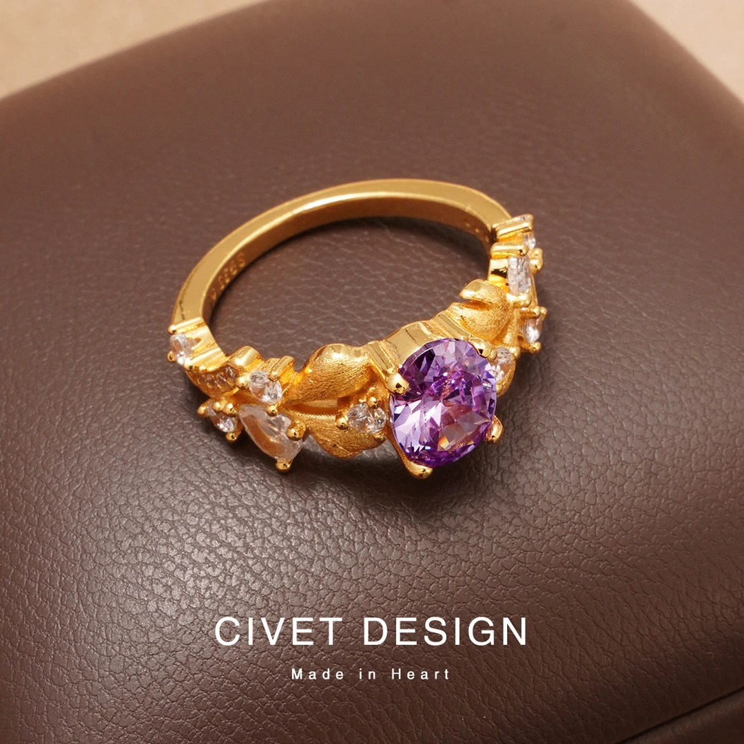 925银合成锆石戒指 紫荆花满天星纯银戒指轻奢镶嵌复古时尚排戒