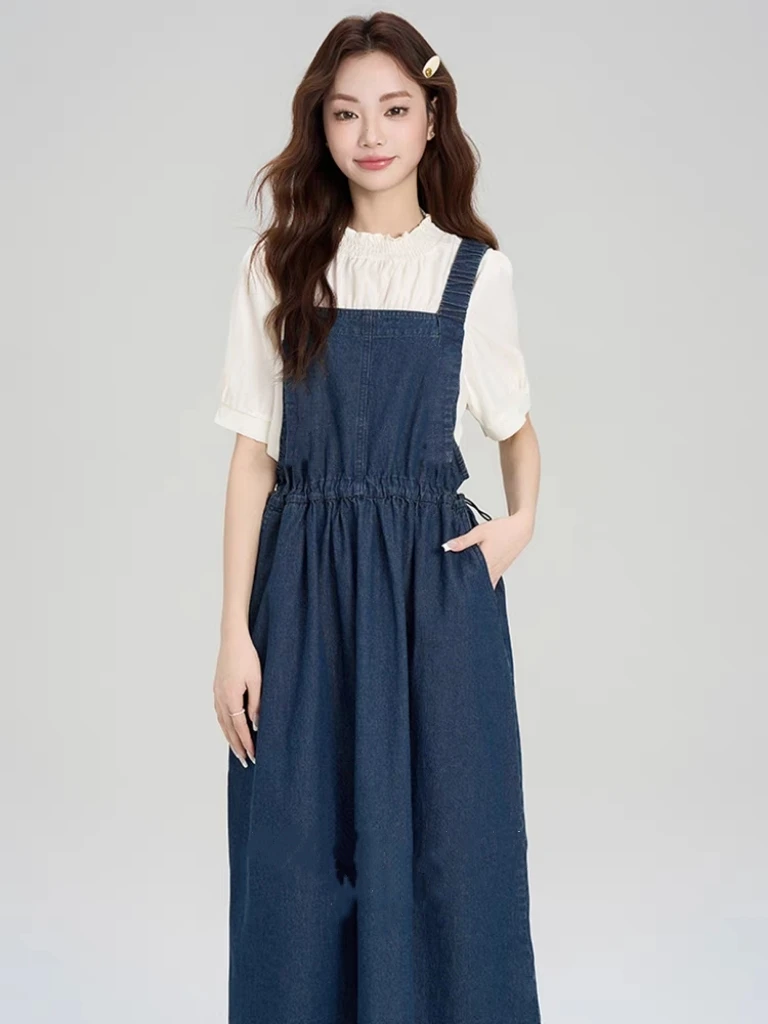 浅浅爱家夏季新款小个子减龄穿搭学院风牛仔背带连衣裙上衣两件套