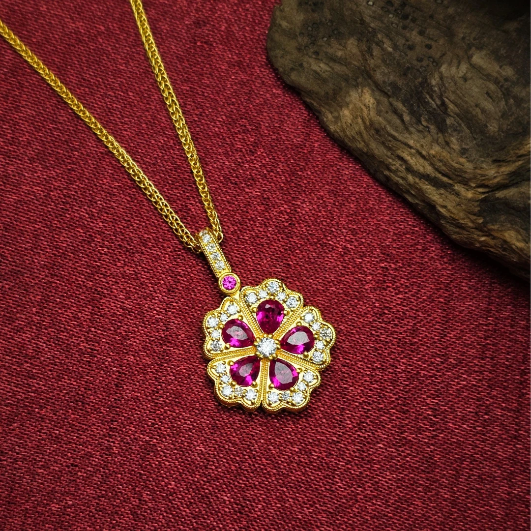 禧悦黄金足金999牡丹花莫桑古法轻奢百搭女生摆件叠带点钻摆件