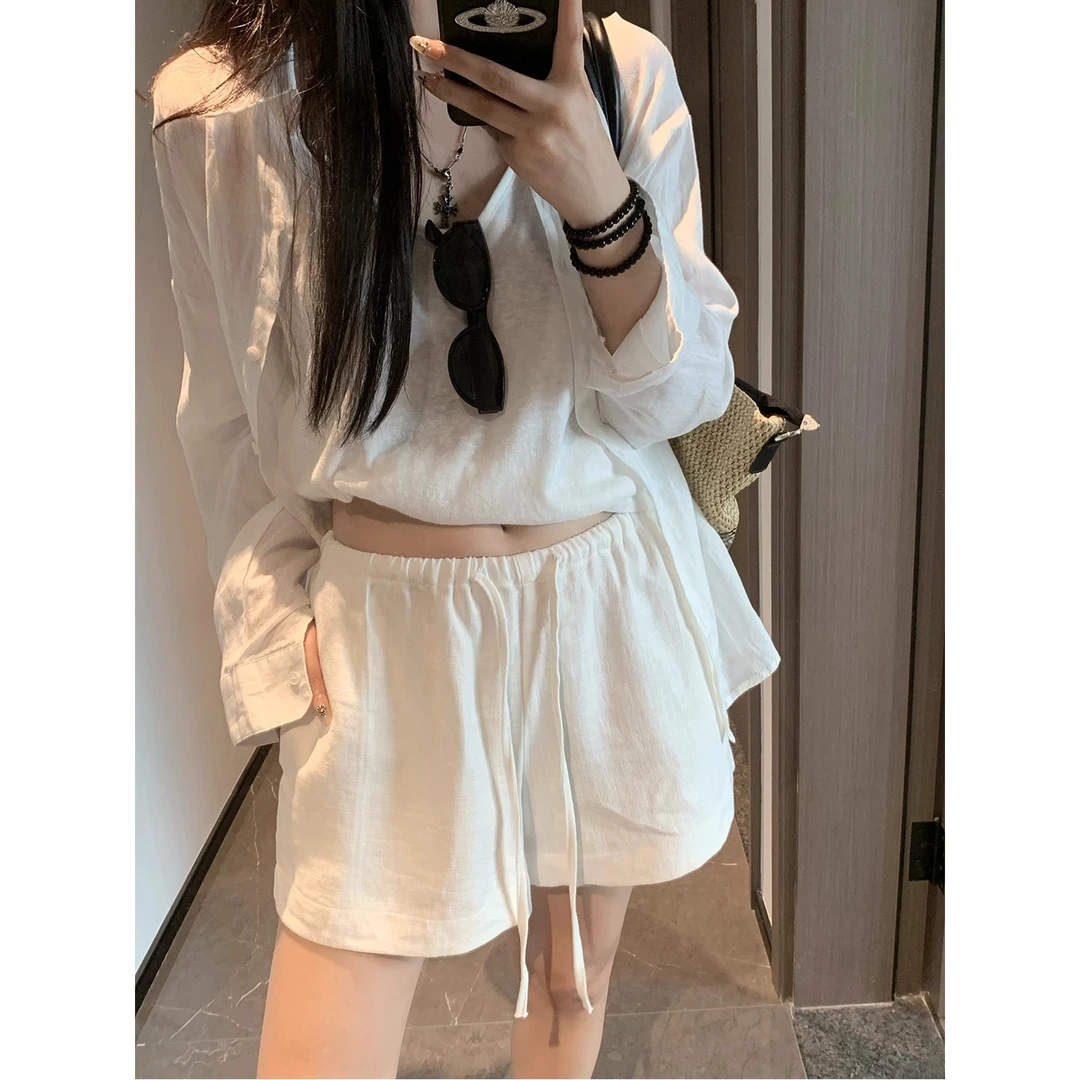 白色水洗苎麻短裤女夏老钱风简约百搭亚麻阔腿休闲裤