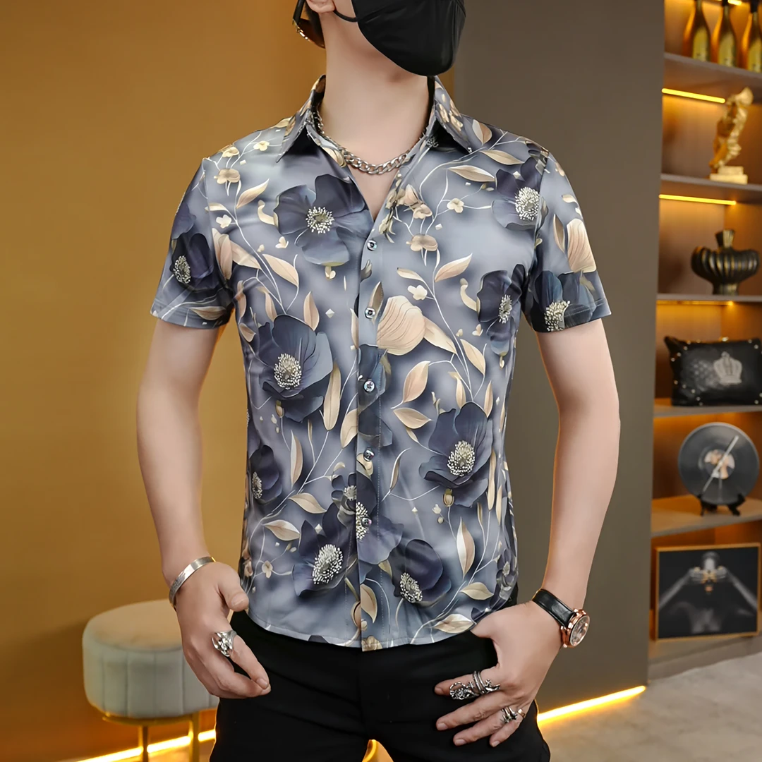 夏季新款网红轻奢潮流个性品质百搭潮牌polo时尚男士碎花衫领短袖