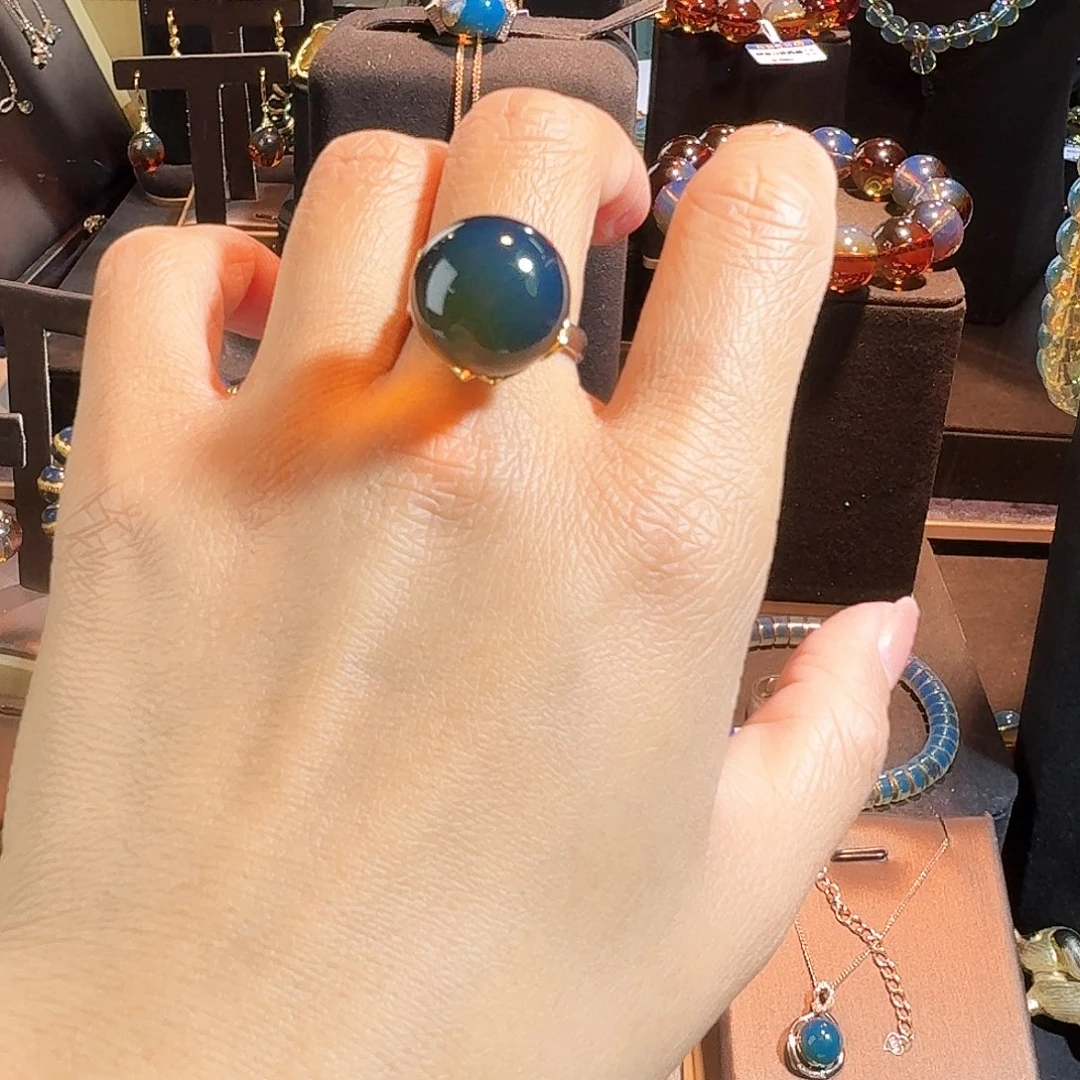 琥珀银S925镶嵌戒指墨西哥