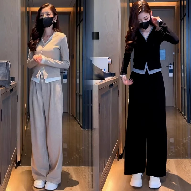 时尚休闲套装女秋季新款温柔系穿搭V领长袖针织上衣阔腿裤两件套