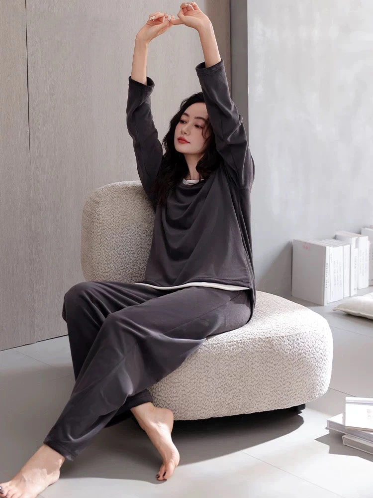 睡衣女秋冬款冬季假两件海岛绒家居服黑色高级感法兰绒套装珊瑚绒