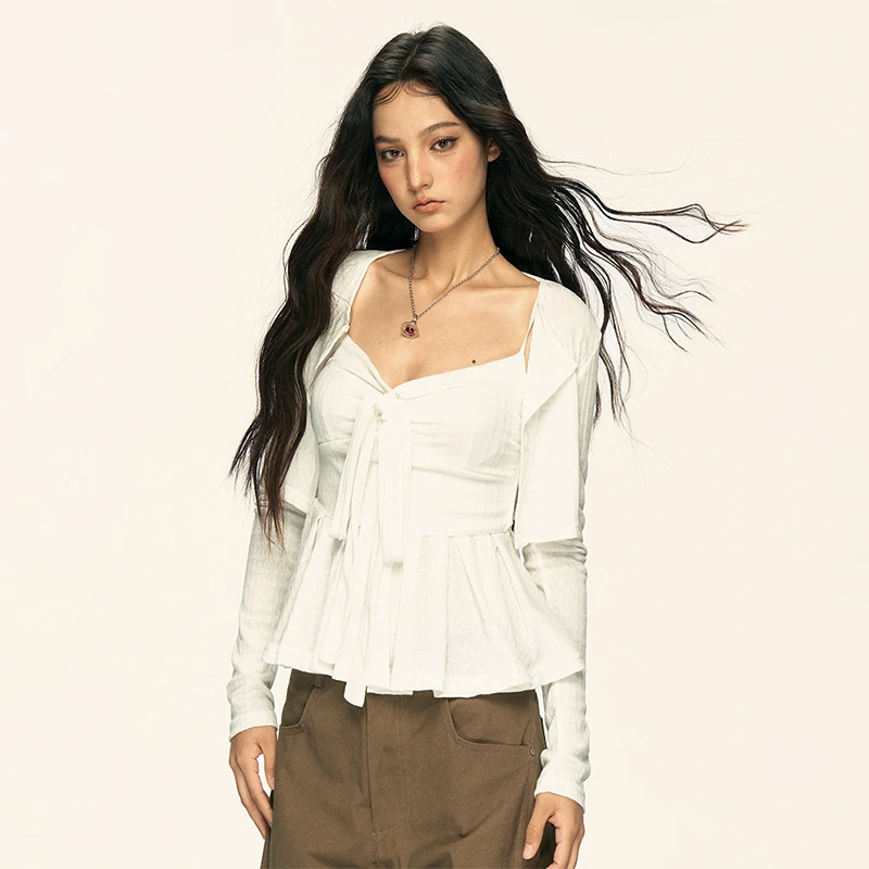 Aaisup白色蝴蝶结系带吊带女夏季2025薄款气质长袖防晒开衫两件套