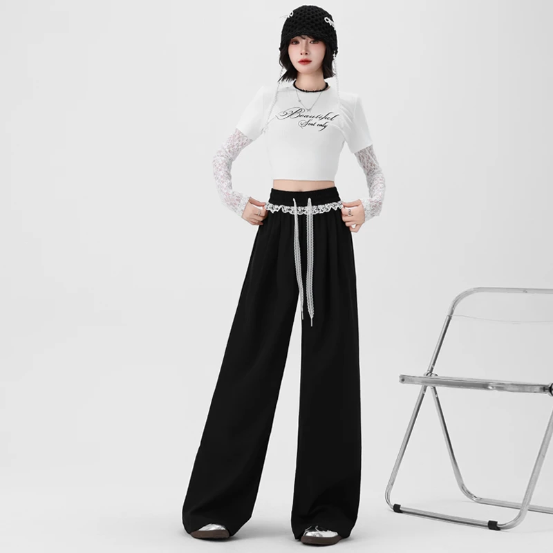 美式黑色阔腿休闲裤女2025年夏季新款蕾丝花边高腰垂感百搭拖地裤