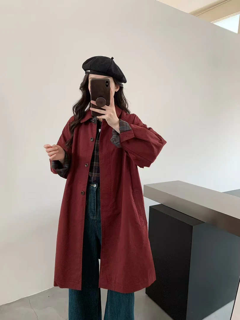 新100%棉中长款气质中长款洋气春秋网红休闲外套大衣秋季风衣日式