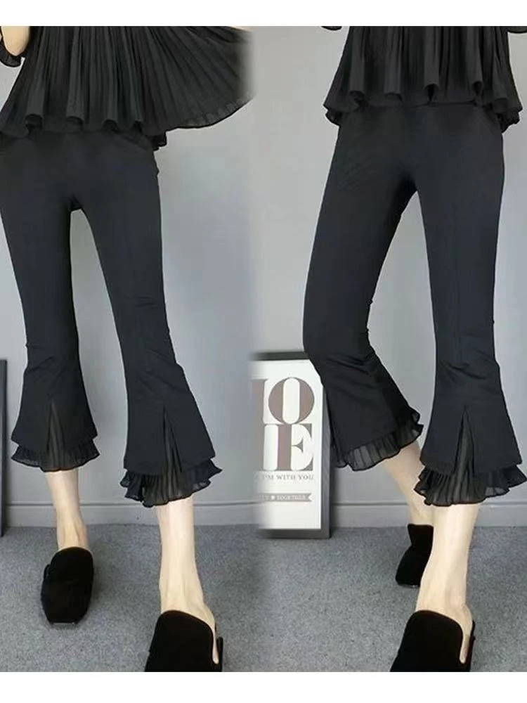 LL琳大码欧货喇叭裤女八分裤韩版修身显瘦学生弹力拼接纱66115