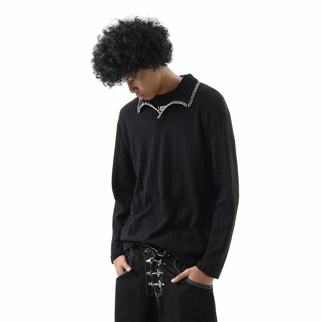 TREND ST【手缝线麦穗纹】长袖POLO衫男女情侣秋季韩版亨利领T恤