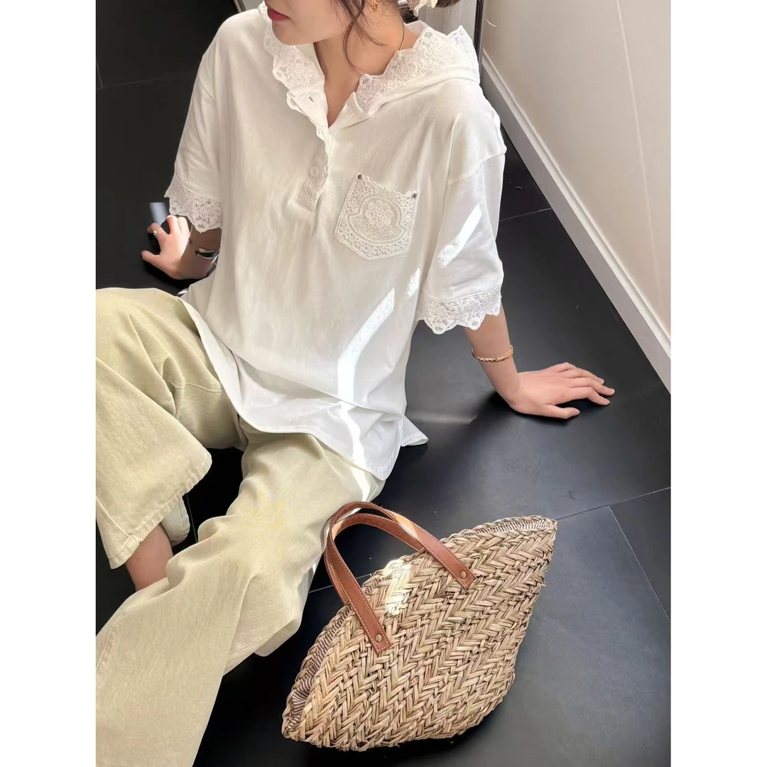 B 门店32&9！笈美单品！锺工蕾丝钩花/棉感舒适连帽短袖T恤女C20466