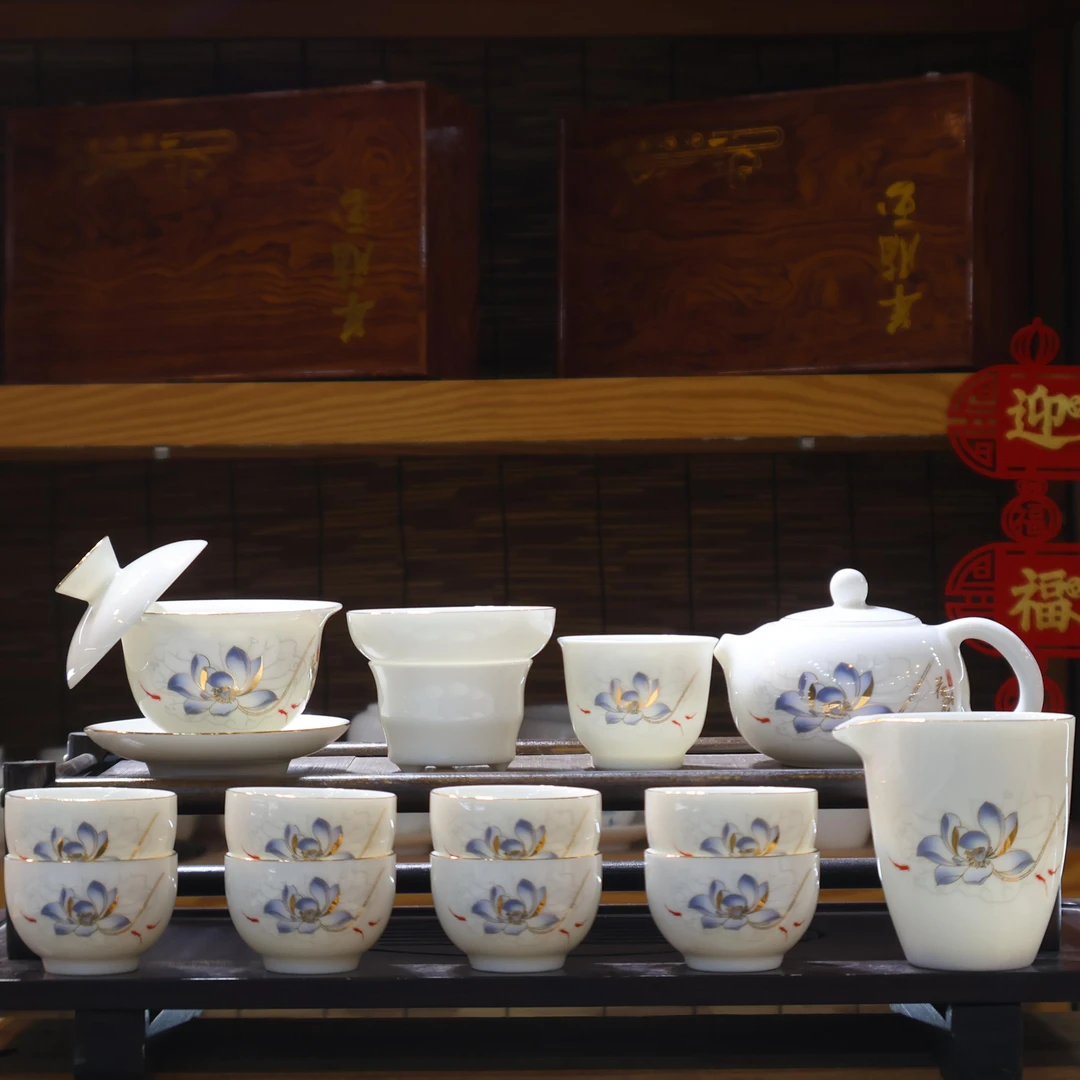 麦城羊脂玉瓷水荷塘月色茶具套装
