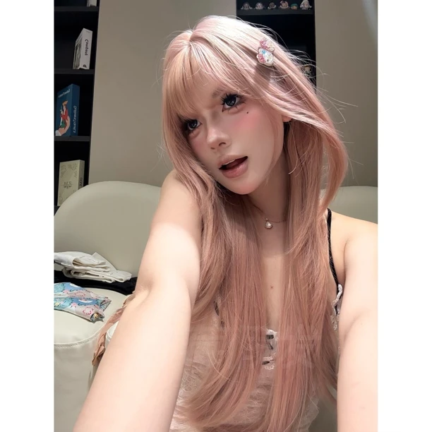 kuku【粉金齐刘海】高层次长直发自然网感cos氛围感女生全头套假发