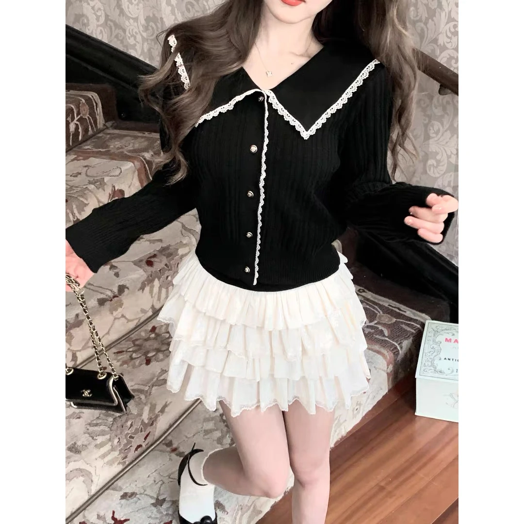 海军领黑色针织开衫女2025秋冬款修身短款上衣小香风显瘦气质长袖